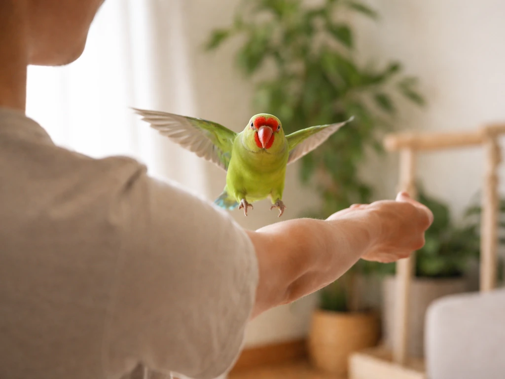Pet parrot flying toward an outstretched forearm in a recall/come cue in a bright living room.