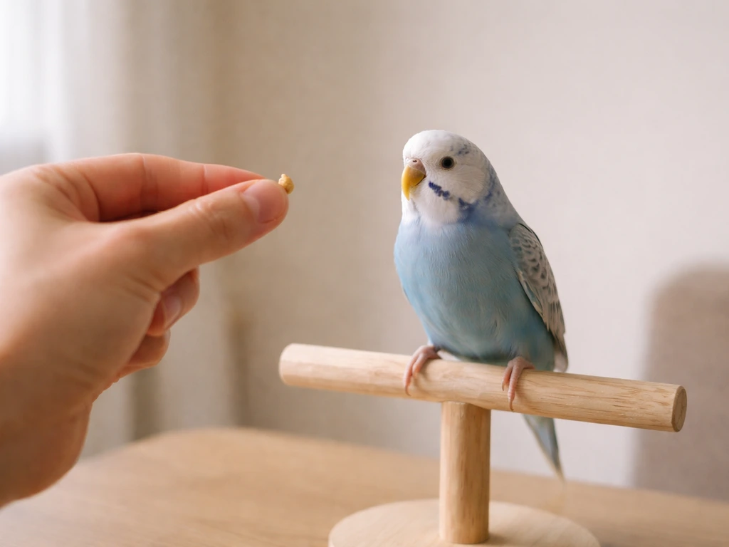 Close-up of a small pet bird perched calmly while a hand offers a treat in a quiet home room