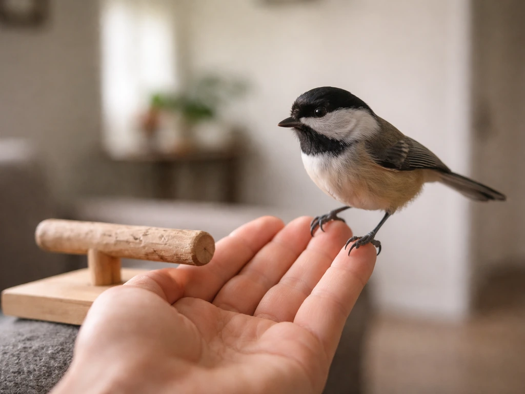Small bird steps from a nearby perch toward an offered trainer’s hand in a close-distance training moment.