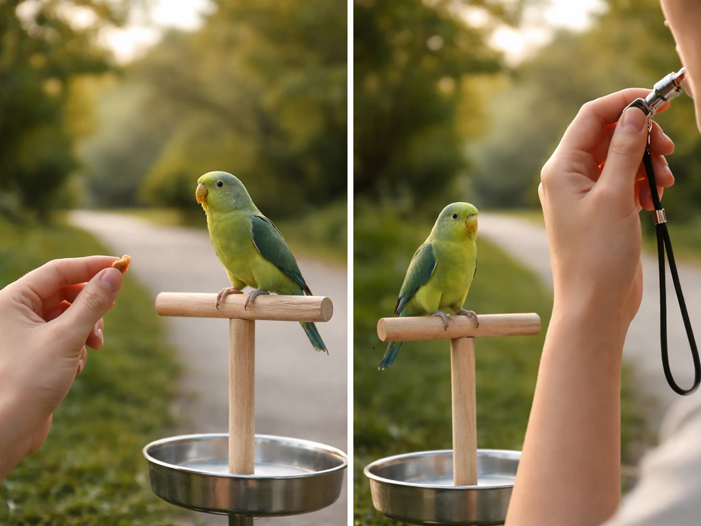 Side-by-side photo of outdoor bird training: treat-hand for verbal cue on left, whistle-hand on right.