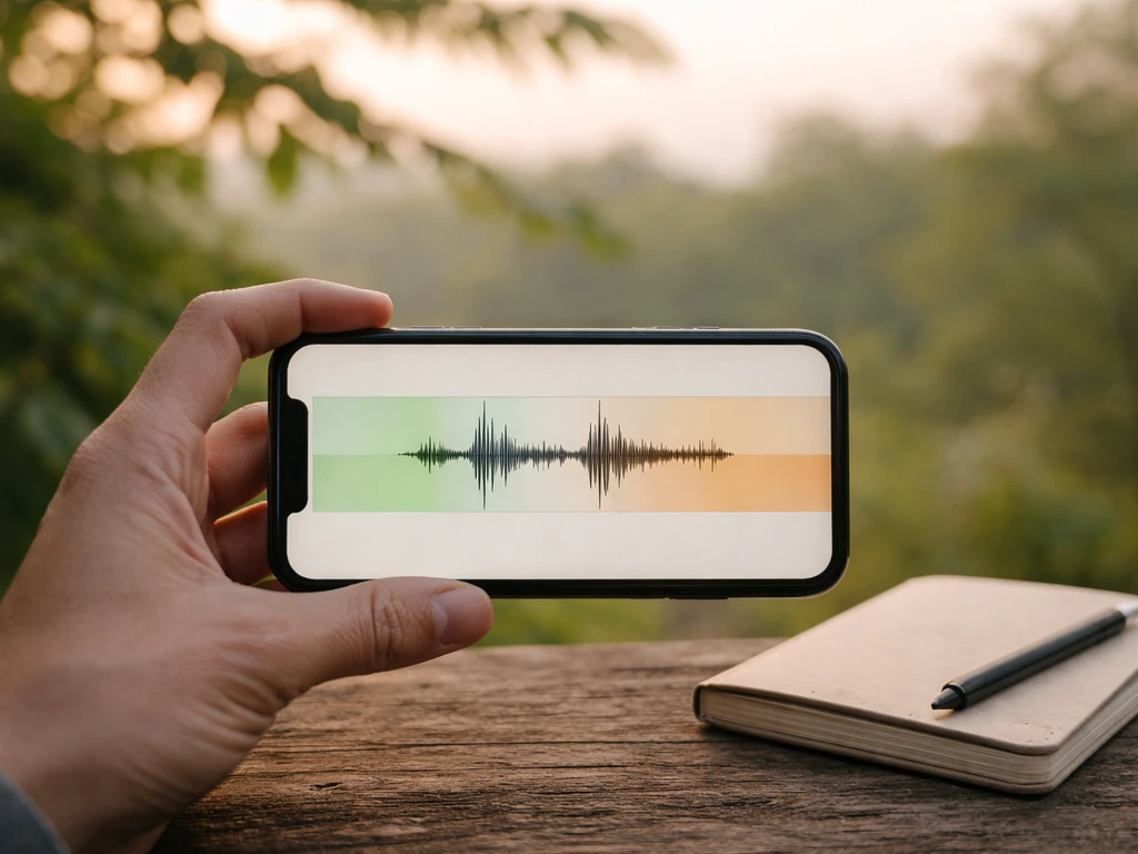 Close-up of a smartphone screen showing an anonymous audio waveform while a hand holds a small bird notebook outdoors.