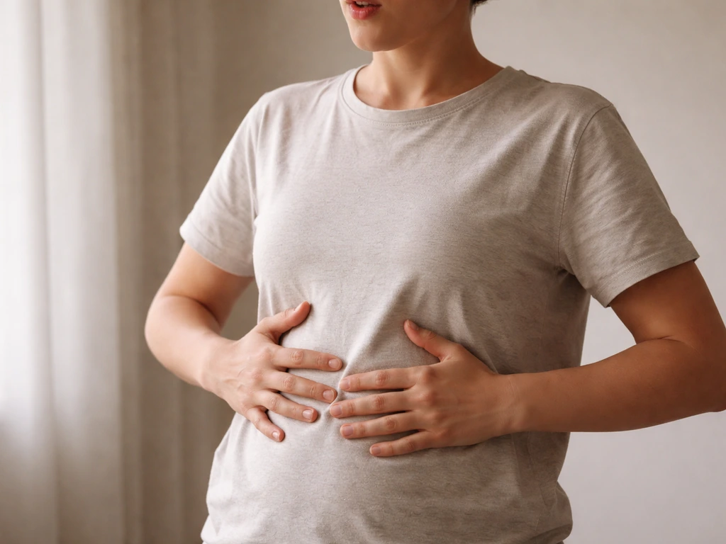 Hands resting on abdomen with visible belly expansion during relaxed breath practice.