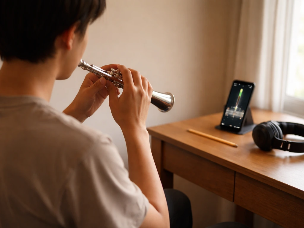 Adult musician seated at a desk, practicing a short trill with a phone timer/metronome visible.