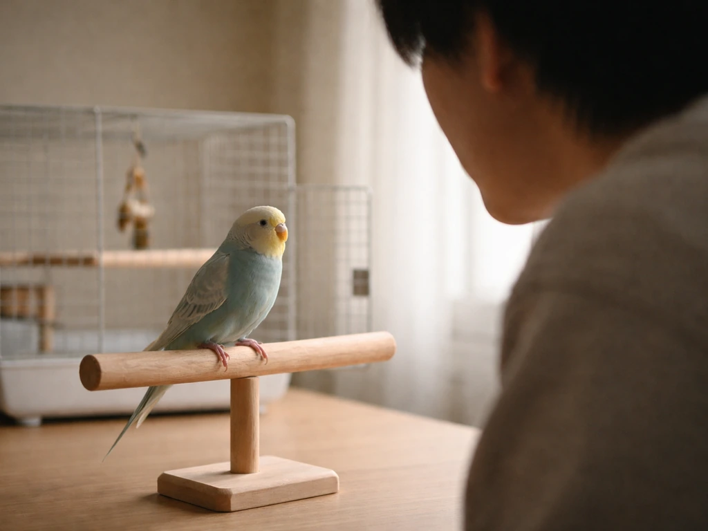 Calm pet bird beside an open cage while a caretaker softly speaks nearby in a quiet room