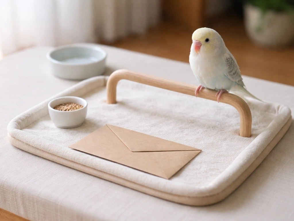 Small pet bird perched by a simple training station with a lightweight mail-like prop nearby
