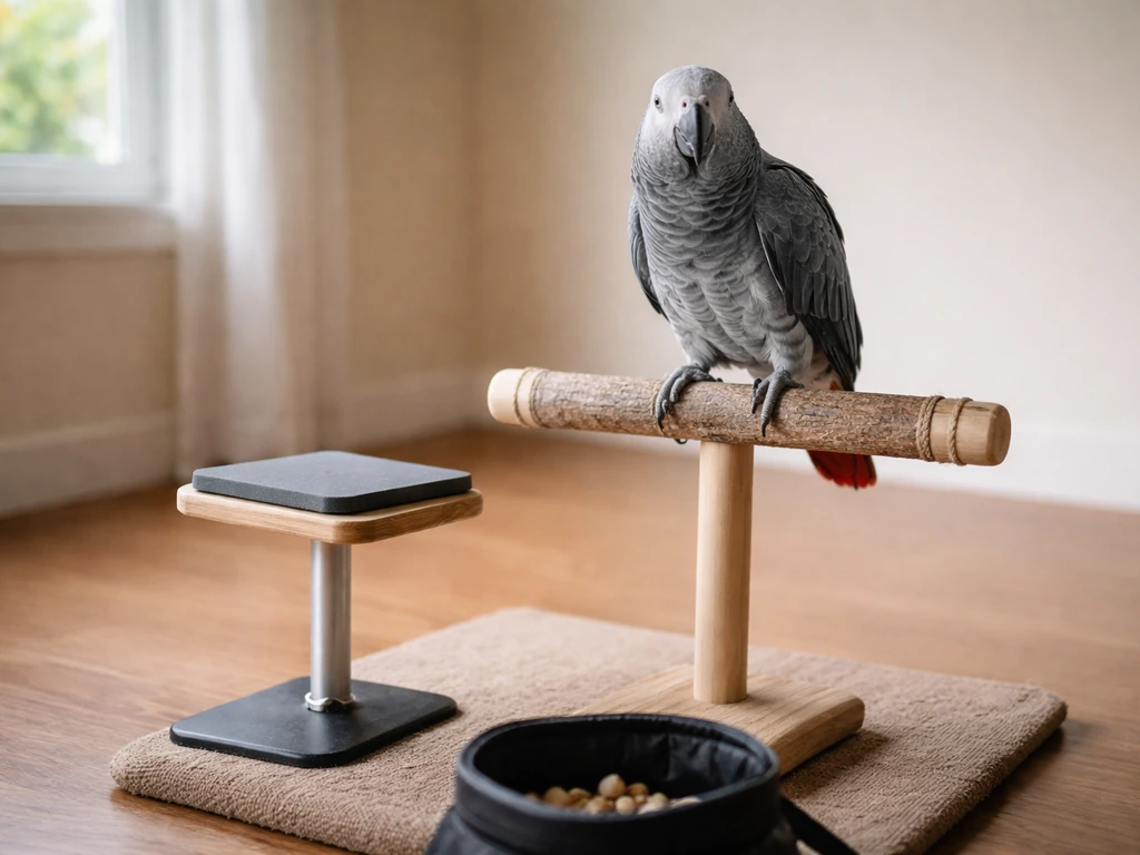 African grey parrot perched near a small base-station target platform with a treat pouch nearby