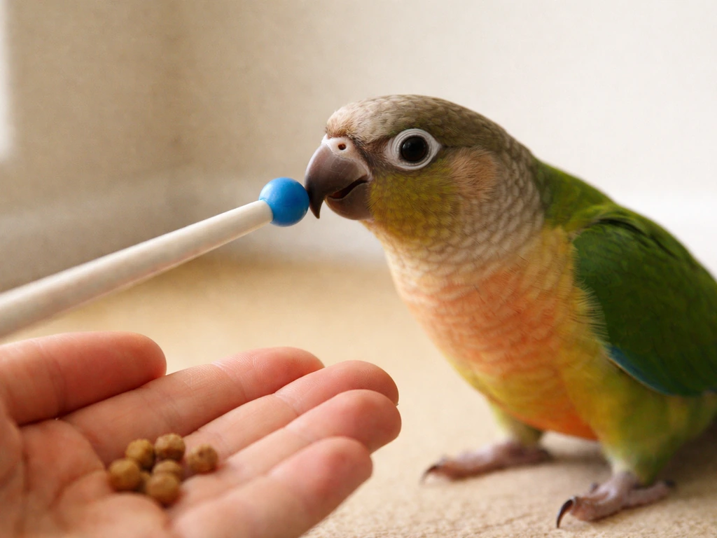 Close-up of a trained bird touching a small handheld target stick as treats are ready nearby.