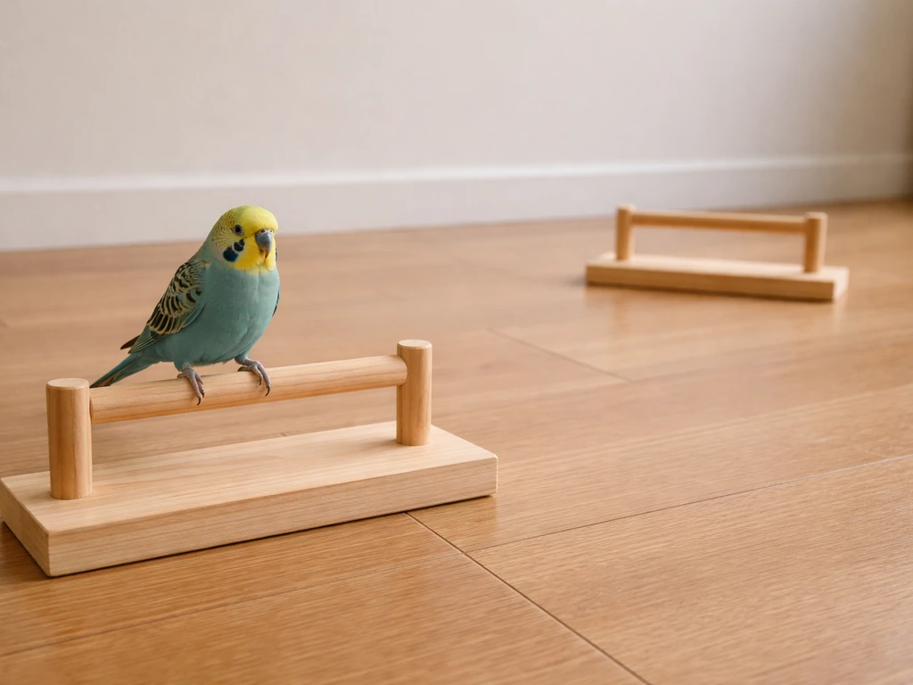 A small training bird perched on a starting stand while a second perch sits nearby with a short gap.