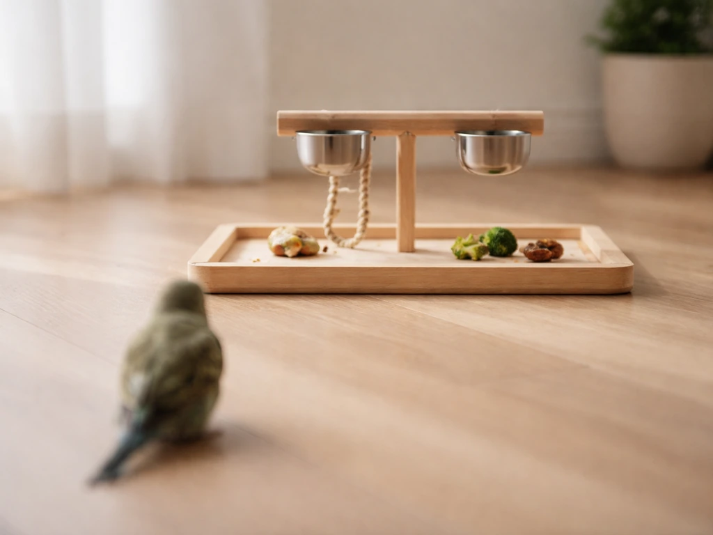 Small pet bird near a base station perch, base set as rewarding endpoint with treats nearby