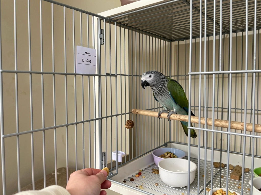 Bird watching a consistent daily feeding setup while you offer a tiny treat near the open cage door.