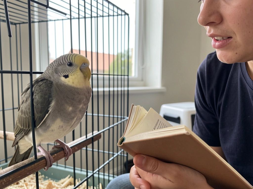 Relaxed bird with half-closed eyes while you sit beside the cage and speak calmly.