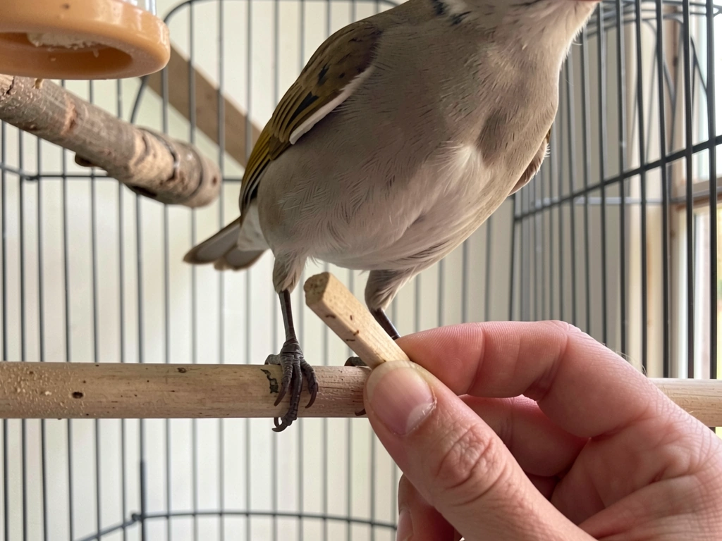 Bird lifts one foot onto your finger during a step-up training moment.