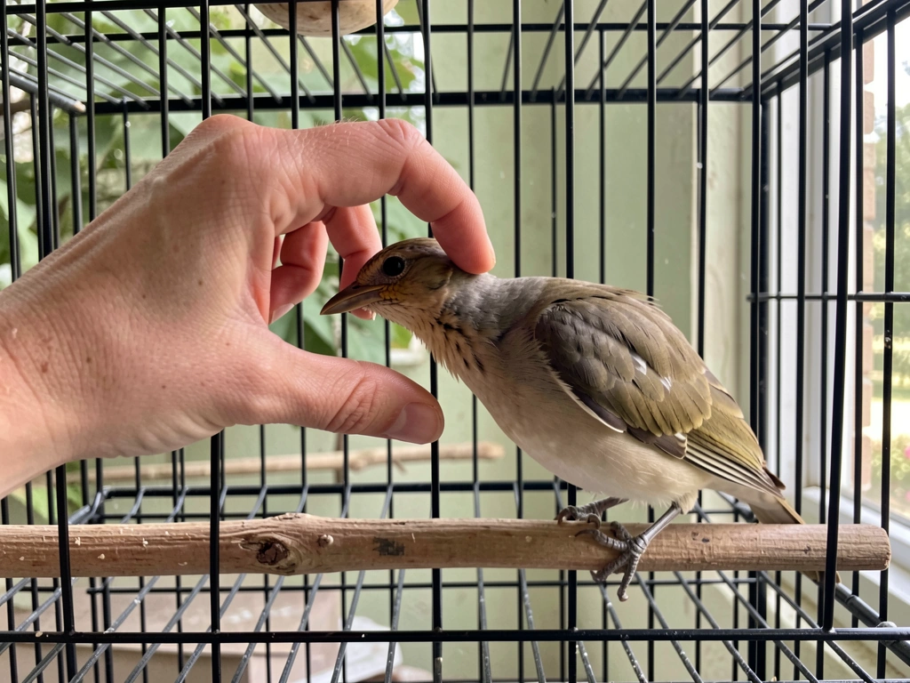 Bird shows fear while you stop reaching; you respect body language and don’t force handling.