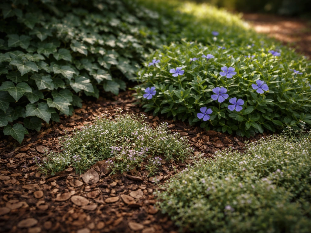 Gros plan de couvre-sols persistants et florifères en ombre : lierre, pervenche et thym rampant.