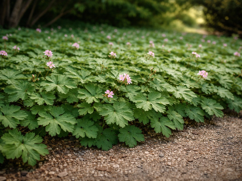 Tapis dense de Géranium macrorrhizum en mi-ombre lumineuse sur sol sec, quelques fleurs roses visibles.