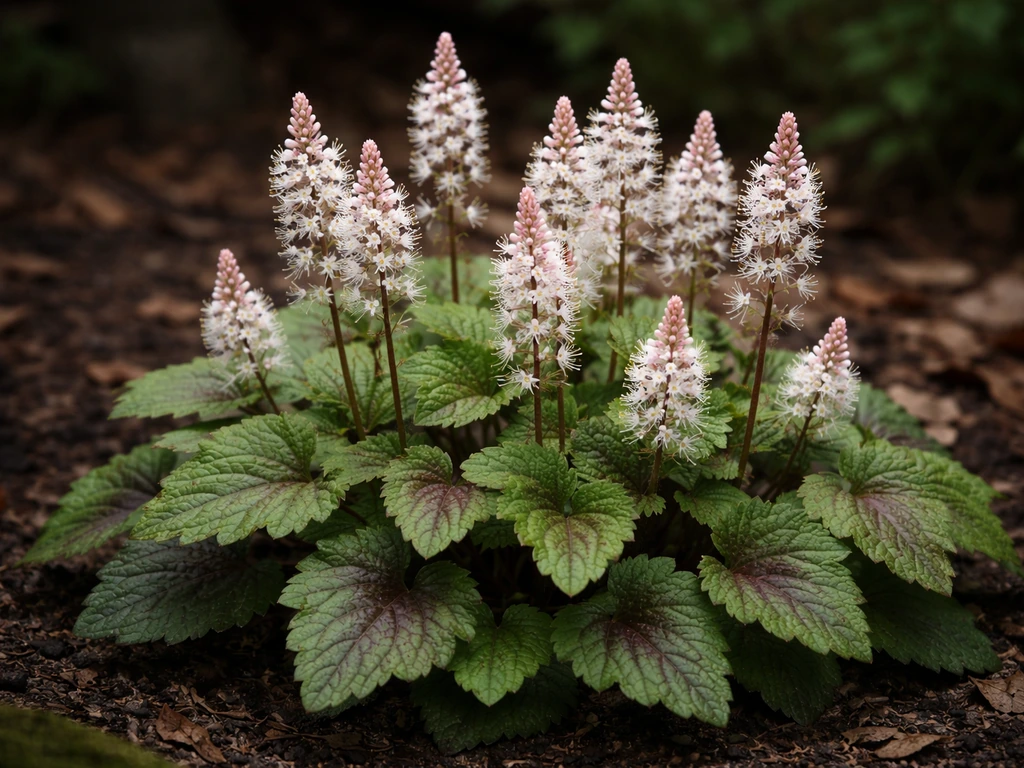 Tiarella cordifolia en sous-bois ombragé, sol humide et feuillage, épis blancs rosés au printemps.