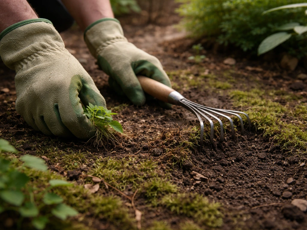 Main avec gants qui arrache les mauvaises herbes et ratisse la mousse, sol mis à nu pour planter à l’ombre.