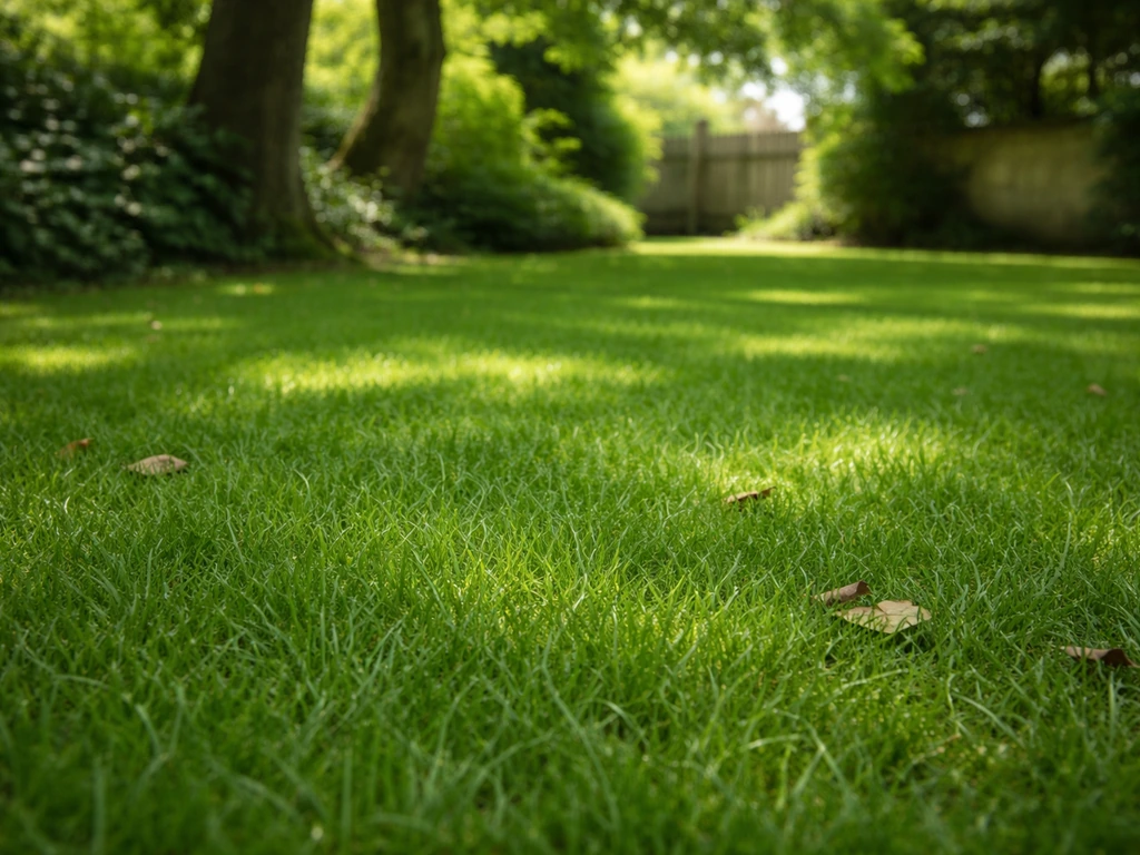 Pelouse dense et verdoyante sous des arbres, coin de jardin ombragé avec sol humide discret.