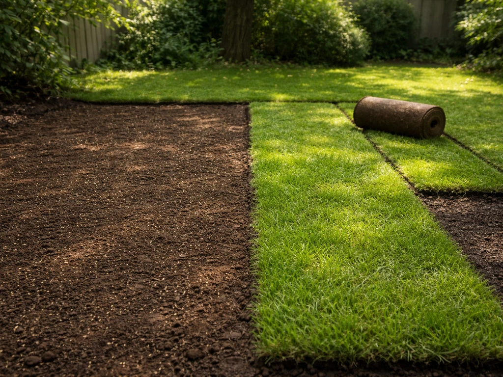 Petit coin de jardin partagé : zone fraîchement semée à gauche et rouleau de gazon posé à droite, à l’ombre.
