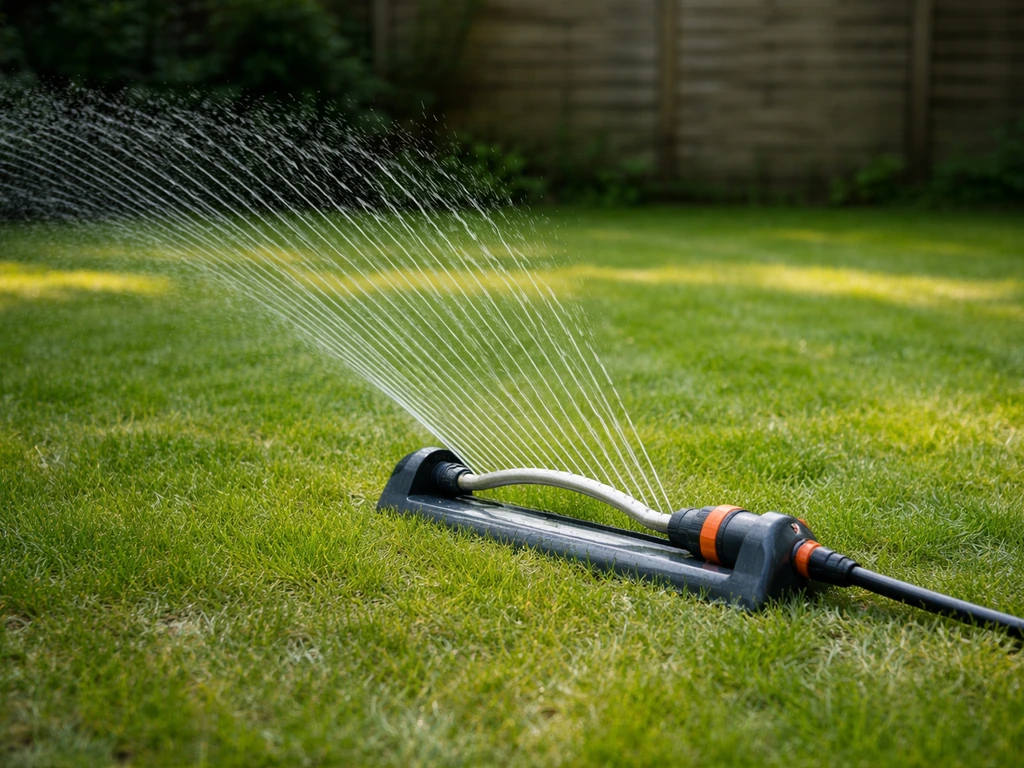 Arroseur réglé sur une pelouse à l’ombre, l’herbe reste légèrement humide sans flaques.
