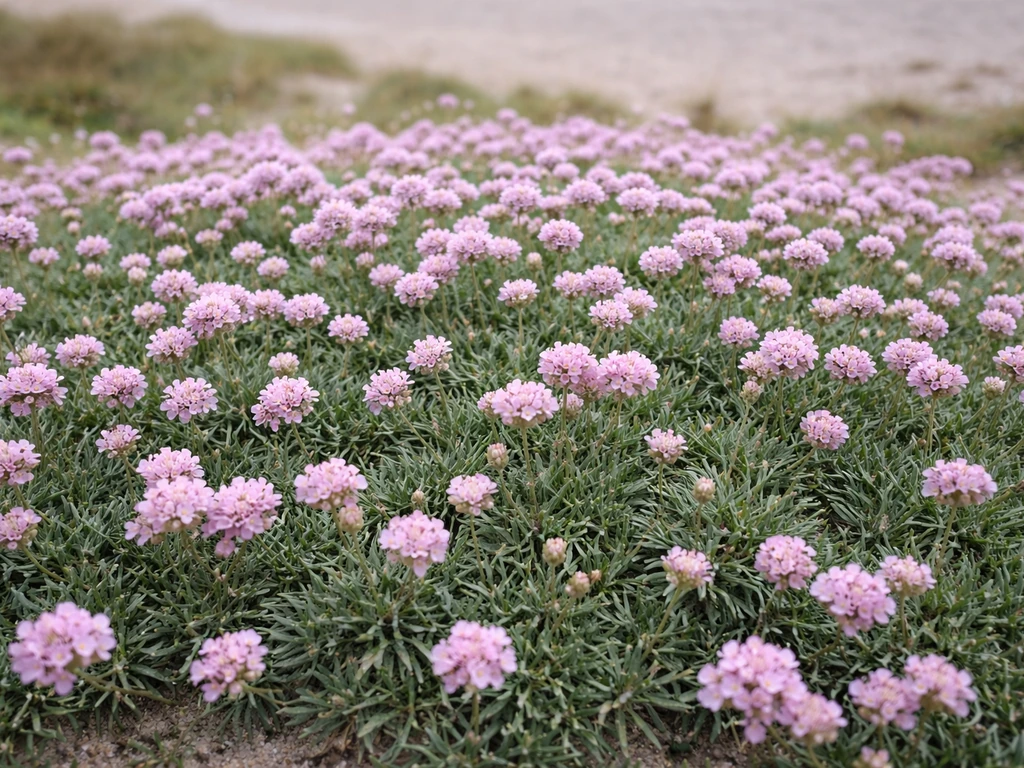 Tapis dense d’Armeria maritima, fleurs roses, vue rapprochée sur une plante couvre-sol en extérieur.
