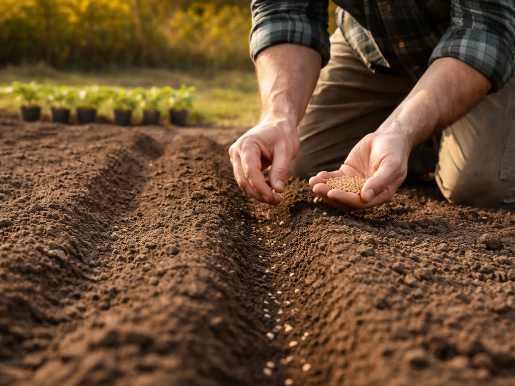 Jardinier anonyme semant de petites graines sur une terre réchauffée, jeunes plants en arrière-plan.