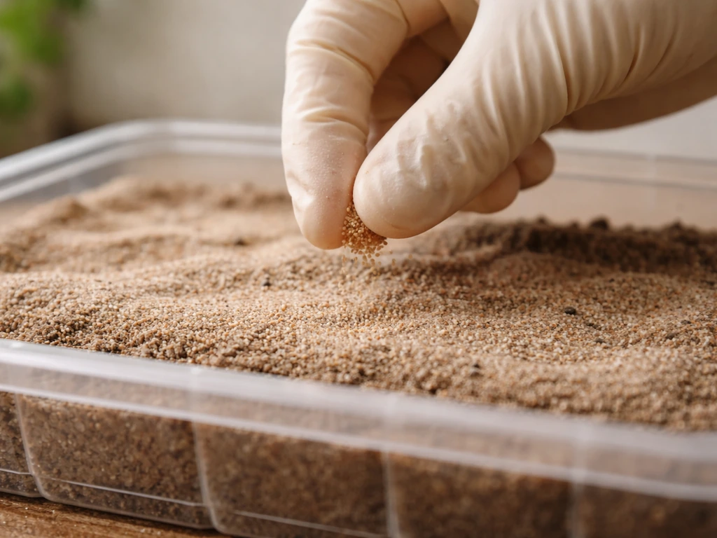 Main gantée déposant des graines à peine recouvertes d’une fine couche de sable (2–3 mm) dans un bac de semis.