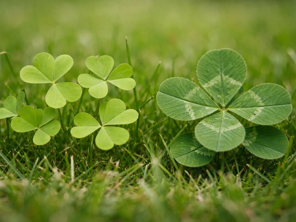 Feuilles d’oxalis et de trèfle rampant côte à côte au ras du sol, pour comparer leurs formes et textures.