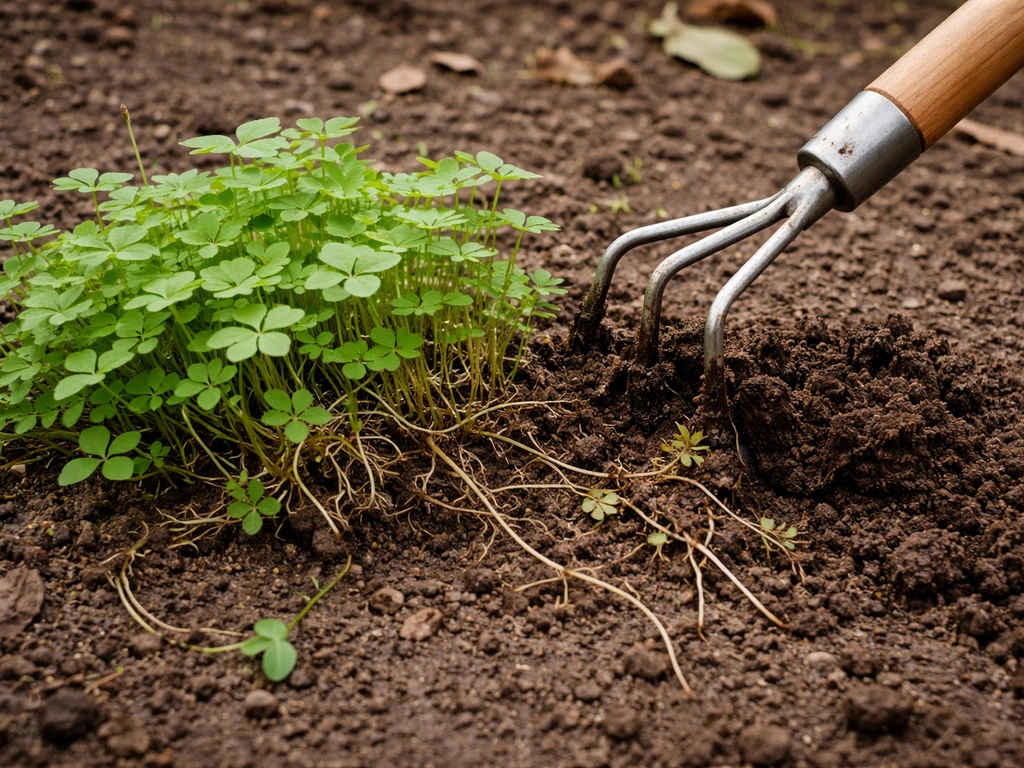 Jardinier désherbant au grattage une touffe d’oxalis, stolons et racines visibles dans la terre retournée.