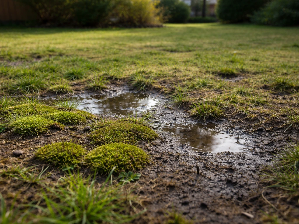 Pelouse avec sol compacté, plaques de mousse et flaques après la pluie, vue rapprochée du terrain