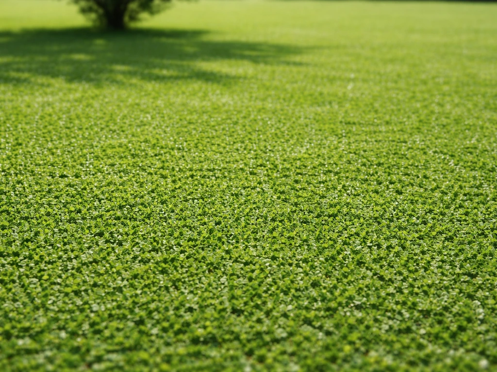 Pelouse en micro-trèfle fraîchement tondue, hauteur de coupe basse et tapis vert uniforme.