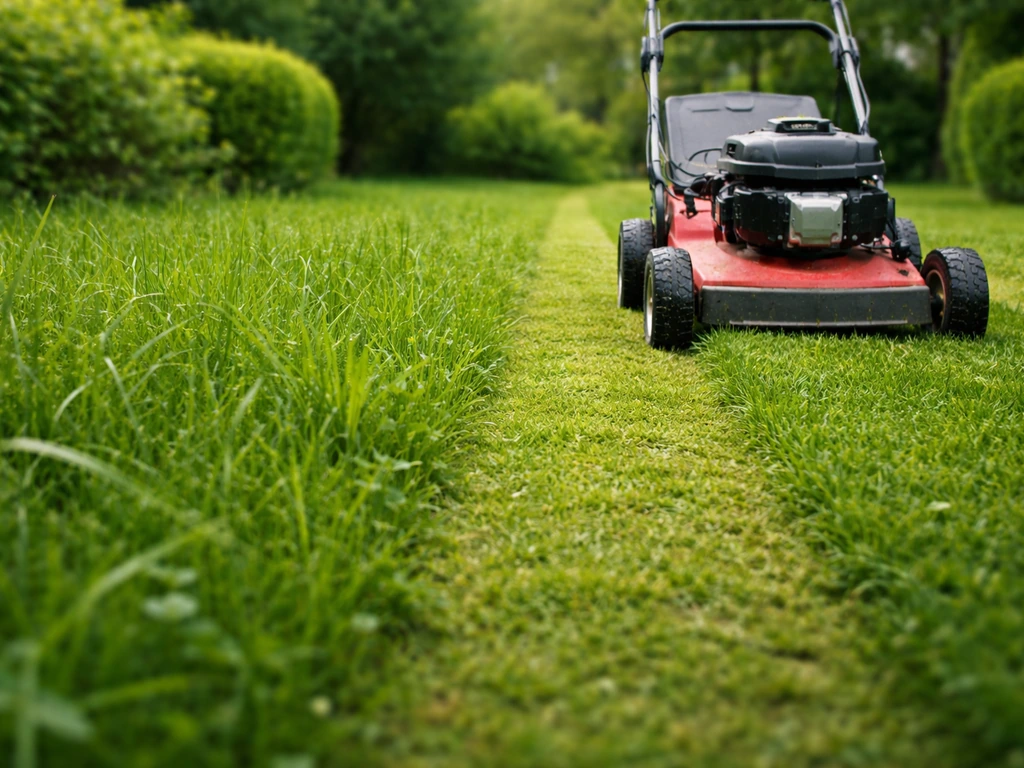 Tondeuse réglée hautement qui coupe une prairie gazon, montrant des herbes plus longues autour.