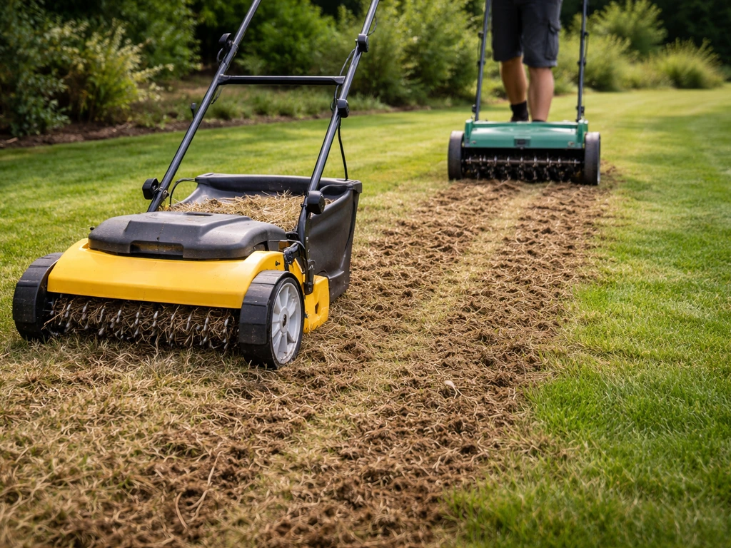 Un scarificateur puis un aérateur décompactent une prairie-gazon, la surface est ouverte avant regarnissage