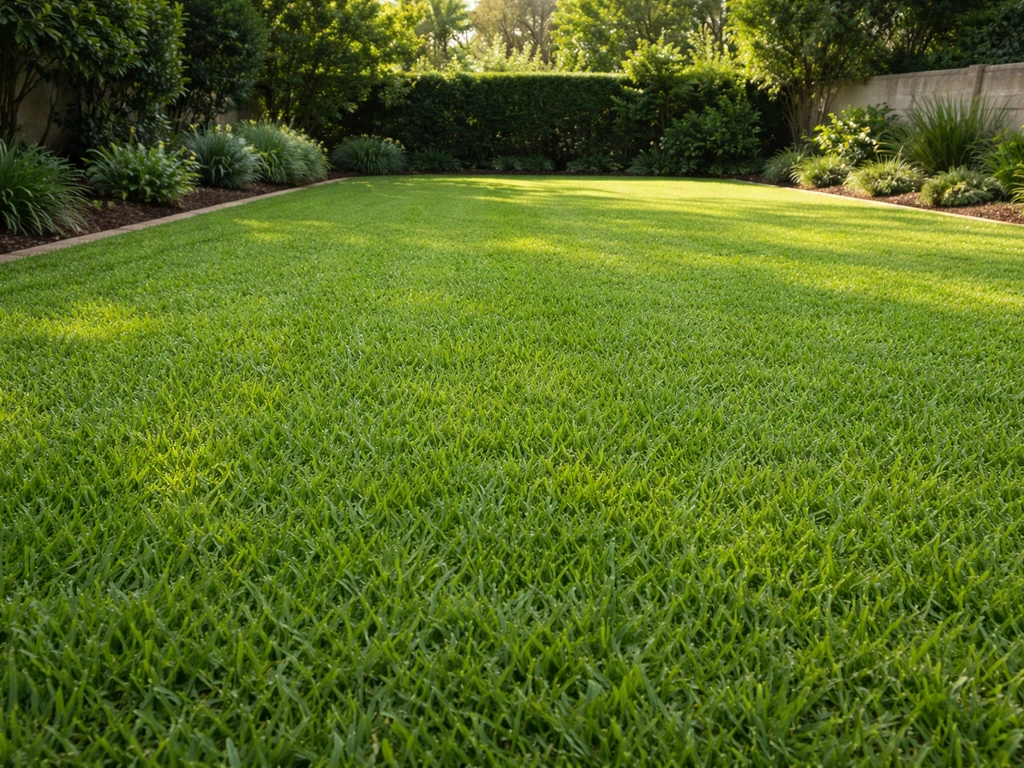 Vue large d’un jardin ensoleillé en France avec un gazon tropical dense, vert et bien bordé.