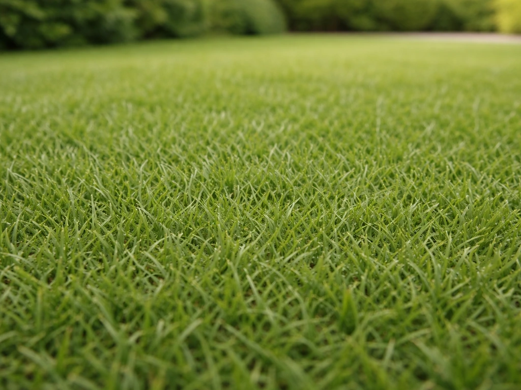 Gazon dense et feutré de Zoysia, texture fine vert chaud, vue rapprochée sur une pelouse