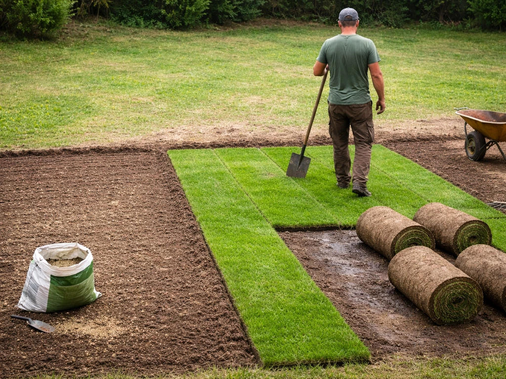 Chantier pelouse : une zone avec semence visible et une autre avec rouleaux de gazon posés, jardinier en arrière-plan.