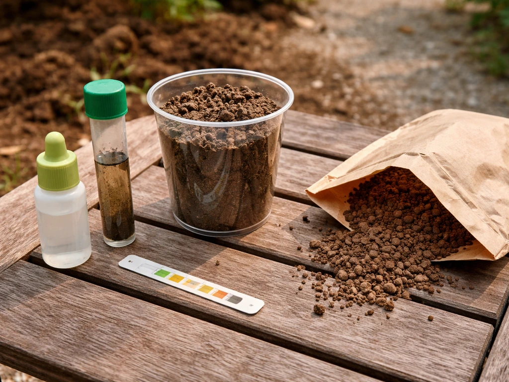Kit de test de pH du sol sur une table avec échantillon de terre, flacon d’amendement et résultats non visibles.