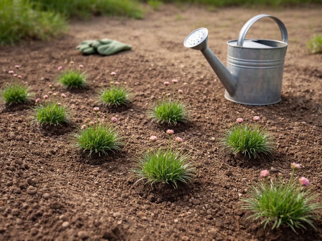 Jeunes plants en motte d’Armeria maritima dans un massif, sur sol préparé, avec arrosoir à côté.