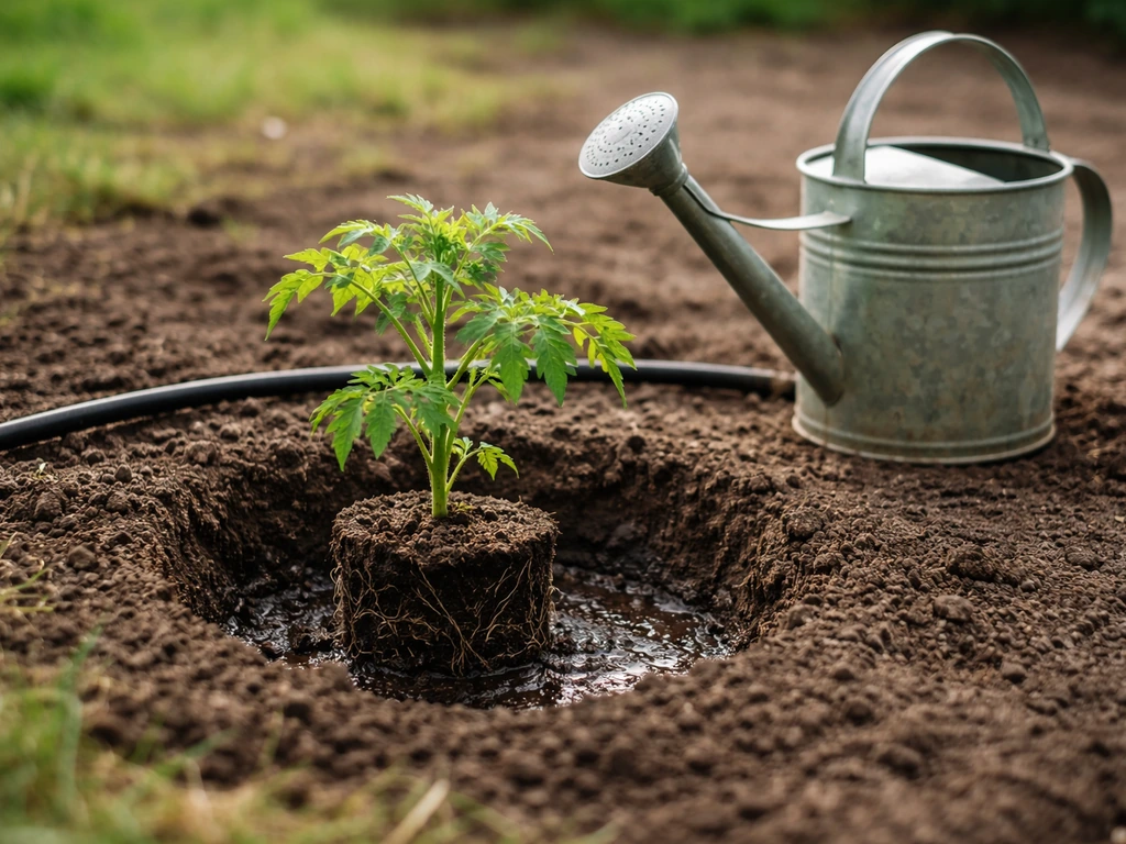Arrosoir posé près d’une jeune plantation, sol humide mais non détrempé, goutte-à-goutte en arrière-plan.