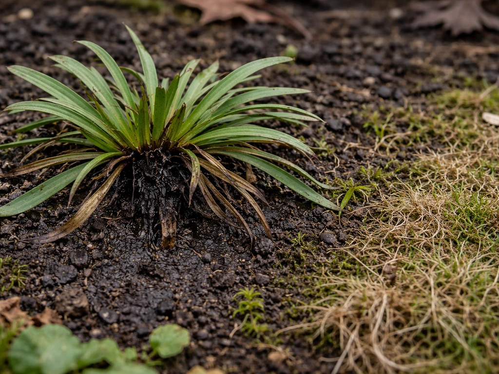 Potager en hiver avec zones brunies et sol humide près du collet, évoquant pourriture et séchage
