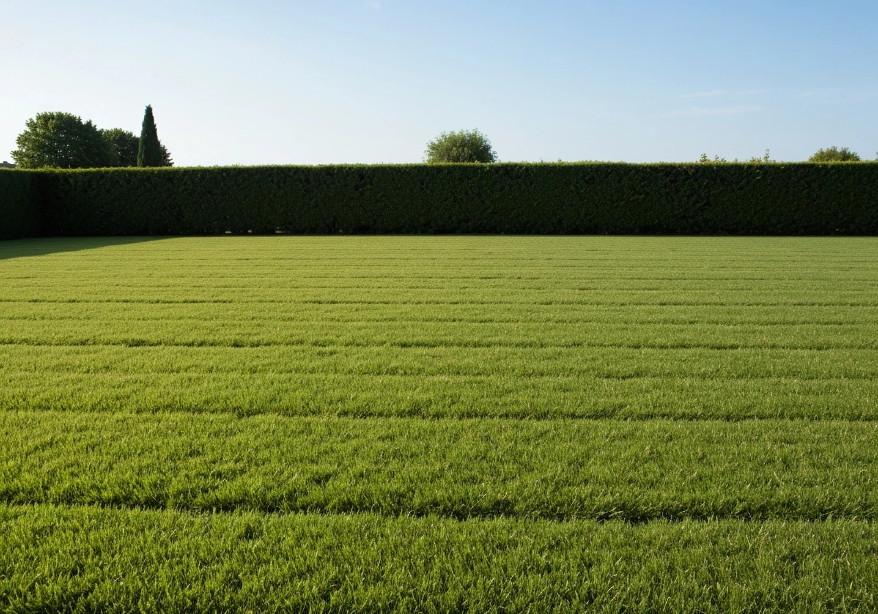 Pelouse dense et verdoyante en France, texture du gazon visible, lumière naturelle douce.