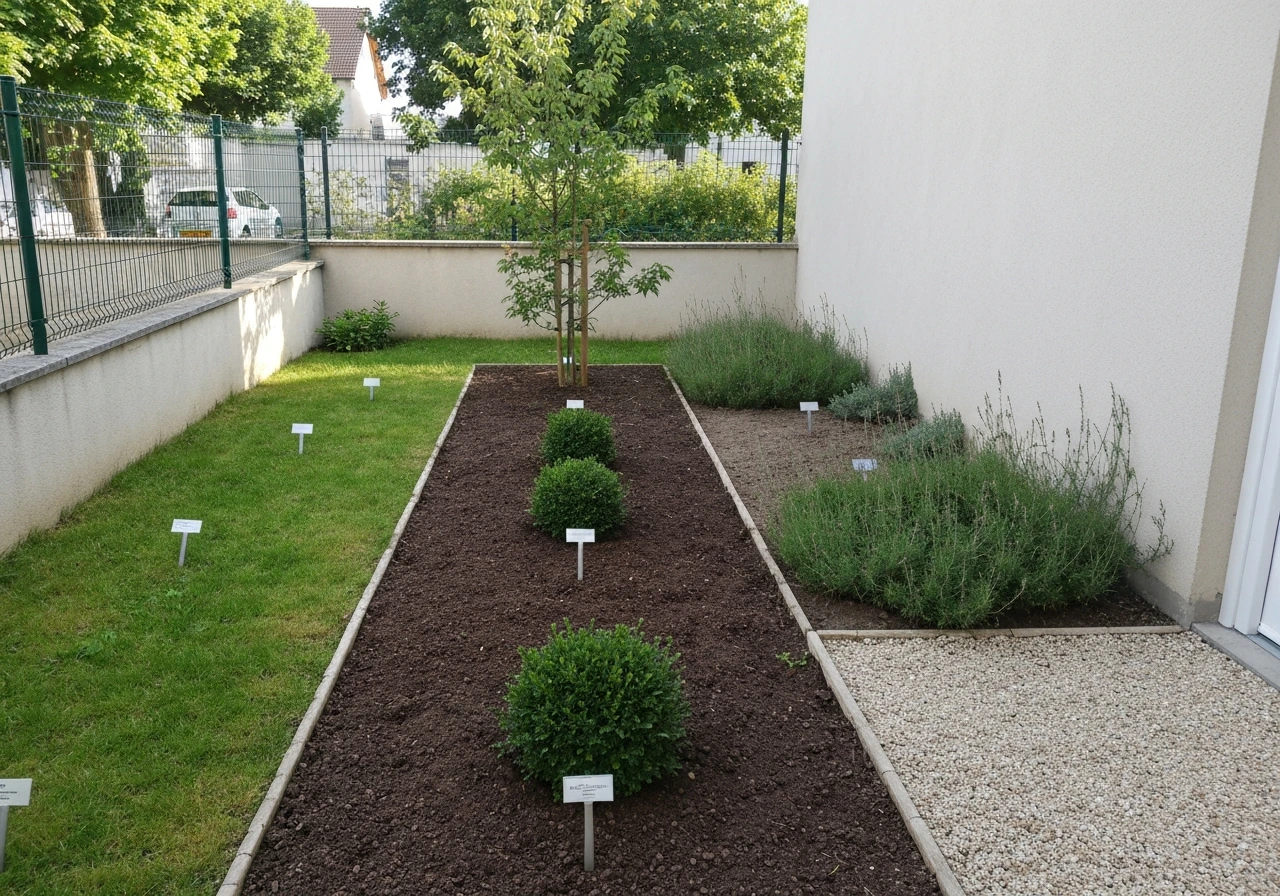 Petit jardin avec trois zones d’herbe distinctes, illustrant soleil, ombre et piétinement.