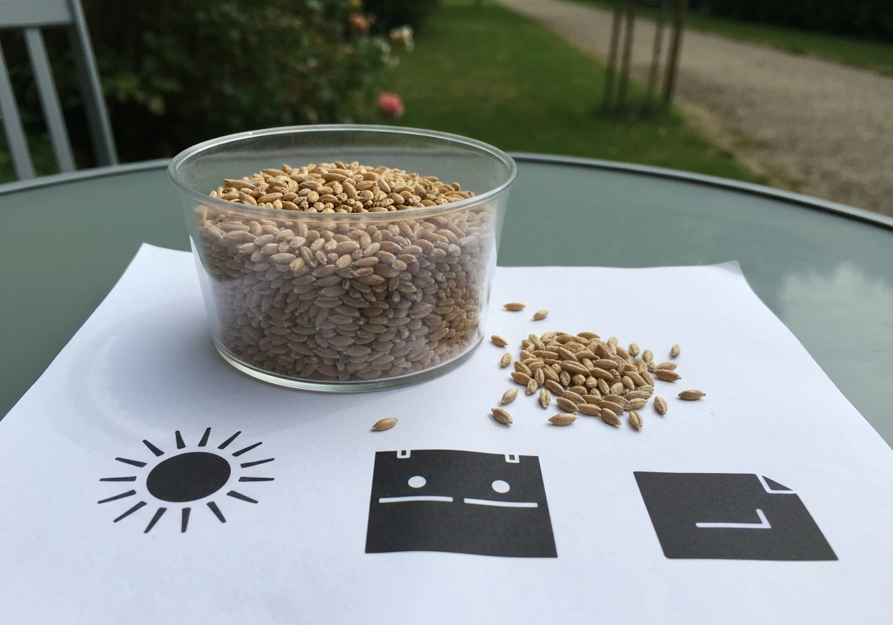 Graines de gazon au premier plan dans un gobelet, épandeur et icônes abstraites printemps/automne.
