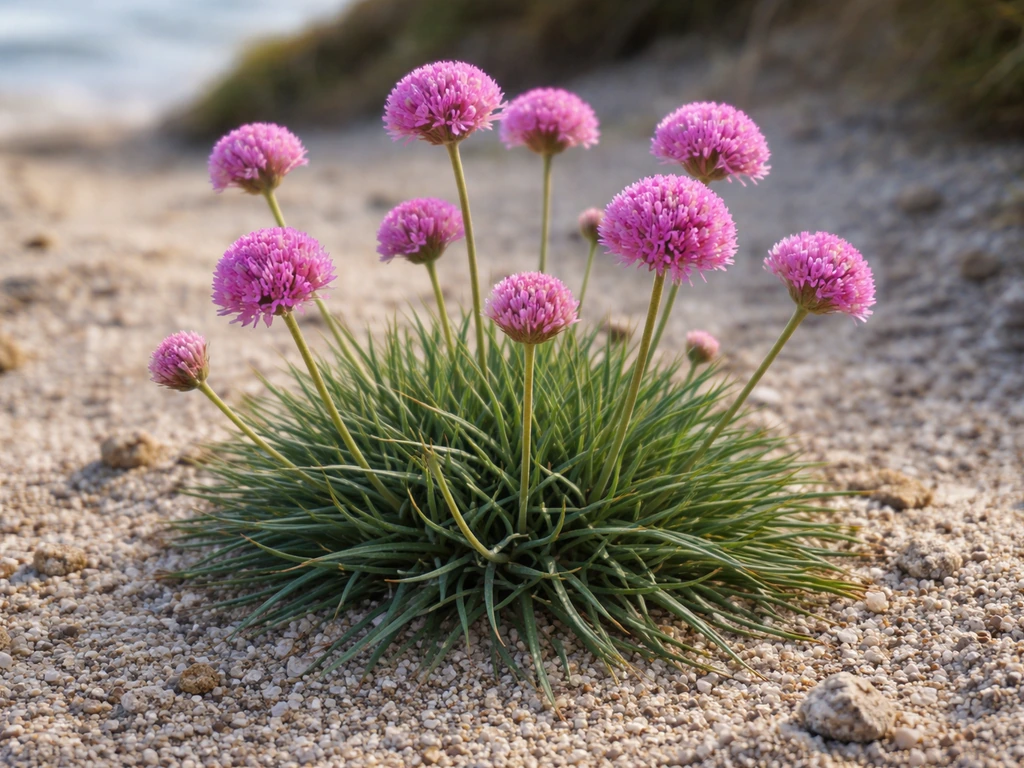 Armeria maritima (œillet de mer) en rosette, fleurs roses sur fond de sol sableux