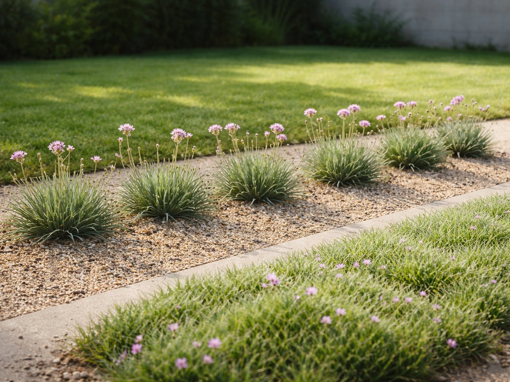 Armeria maritima plantée dans un lit de sable/gravillons bien drainé, avec gazon d’Espagne installé.
