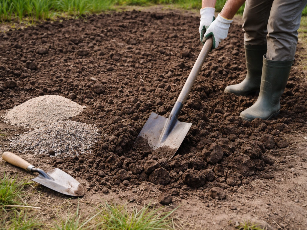 Sol bêché et désherbé, amendements sable et gravillon prêts à être incorporés pour améliorer le drainage.