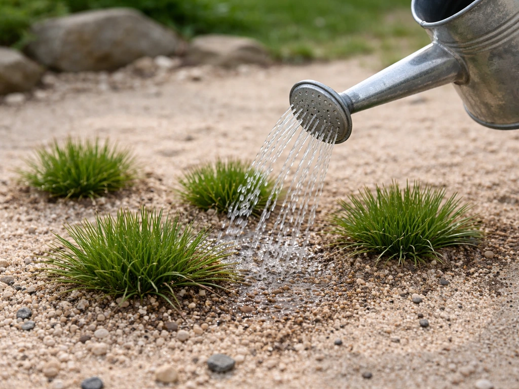 Un arrosoir verse de l’eau modérément au pied de jeunes touffes d’Armeria maritima sur un sol drainant