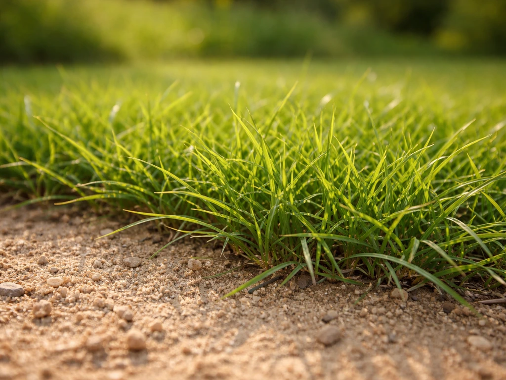 Plan rapproché d’un gazon Cynodon vert au soleil sur un sol sableux et drainant.