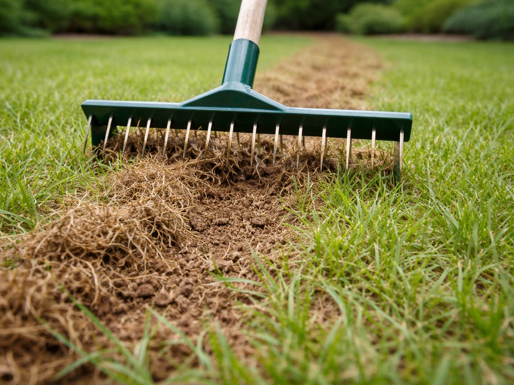Scarificateur tiré sur une pelouse, feutre soulevé localement par les lames entre les brins d’herbe.
