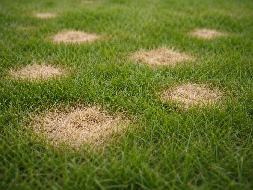 Gros plan sur le gazon avec plusieurs taches rondes beige caractéristiques du dollar spot